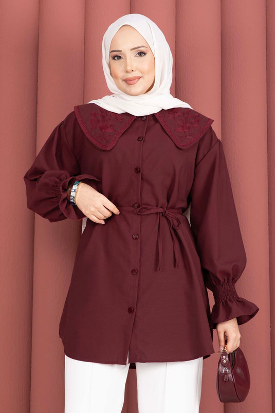 Yakası Nakış Detaylı Beli Bağcıklı Tunik Bordo