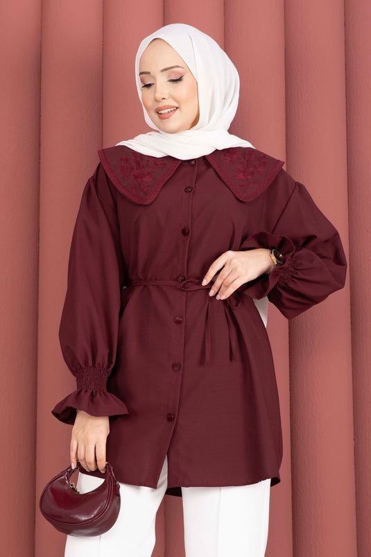 Yakası Nakış Detaylı Beli Bağcıklı Tunik Bordo