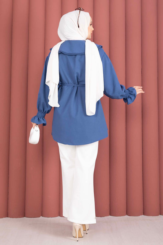 Tunique indigo avec col brodé et ceinture à nouer