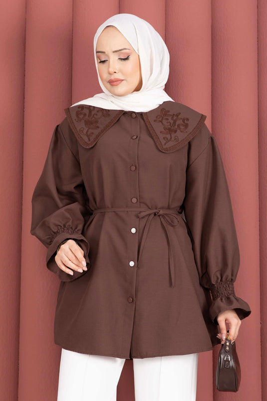 Tunic with Embroidered Collar and Waist Tie, Coffee Color