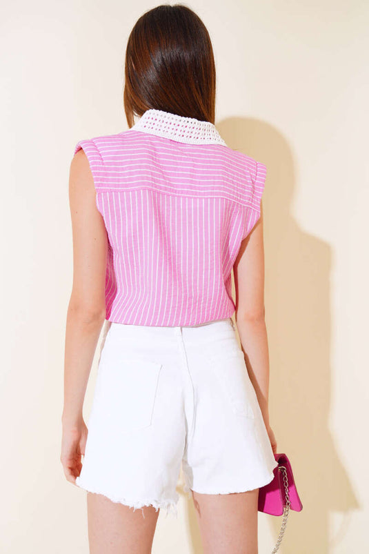 Pink Shirt with Knitted Collar and Stripes