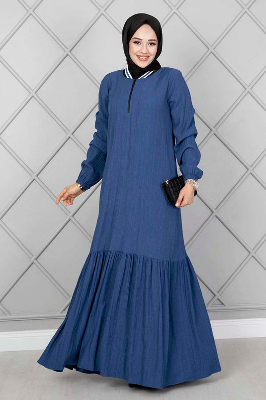 Robe Hijab Indigo avec Détail Rayé sur le Col