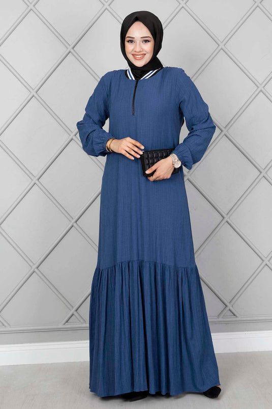 Robe Hijab Indigo avec Détail Rayé sur le Col