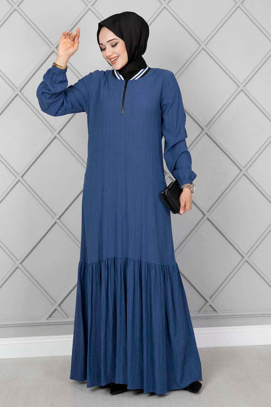 Robe Hijab Indigo avec Détail Rayé sur le Col