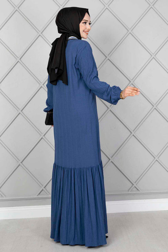 Robe Hijab Indigo avec Détail Rayé sur le Col