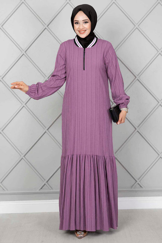 Robe Hijab avec Détail Rayure sur le Col Lilas