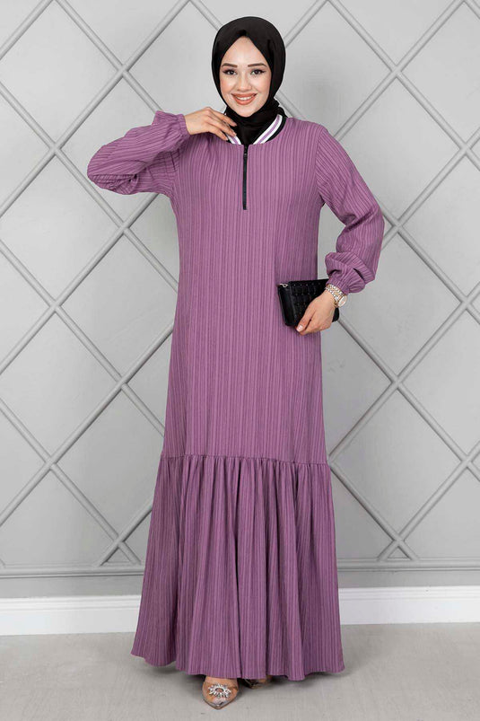 Robe Hijab avec Détail Rayure sur le Col Lilas