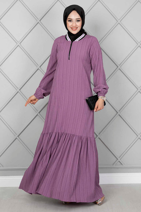 Robe Hijab avec Détail Rayure sur le Col Lilas