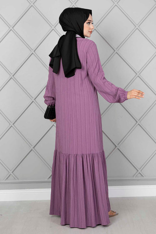 Robe Hijab avec Détail Rayure sur le Col Lilas