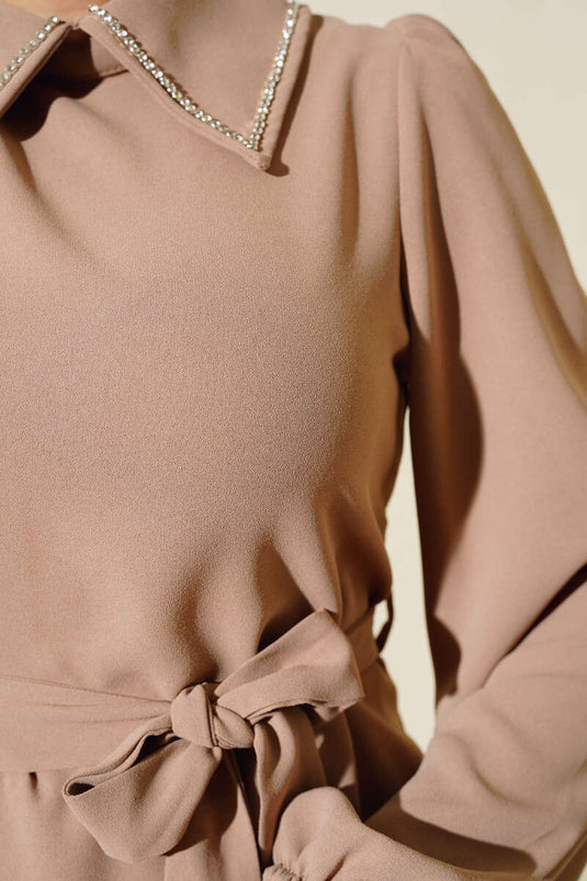 Yakası Taş Detaylı İkili Takım Vizon