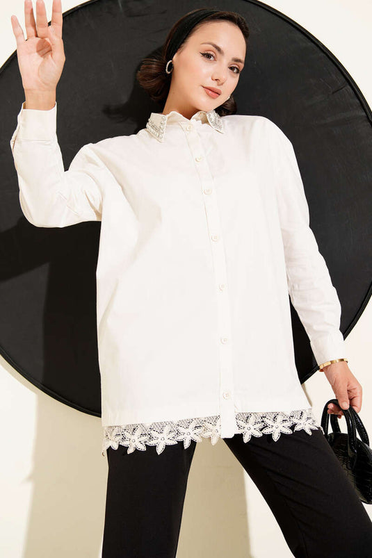 Cream Lace Shirt with Stoned Collar