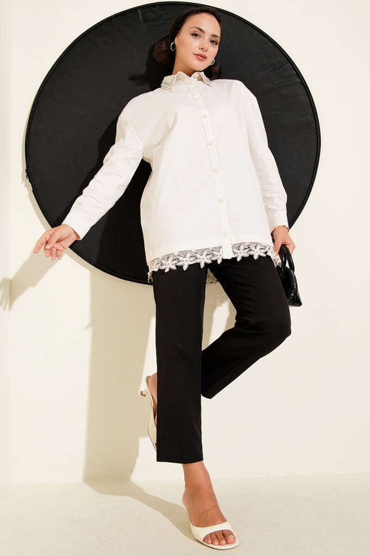 Cream Lace Shirt with Stoned Collar