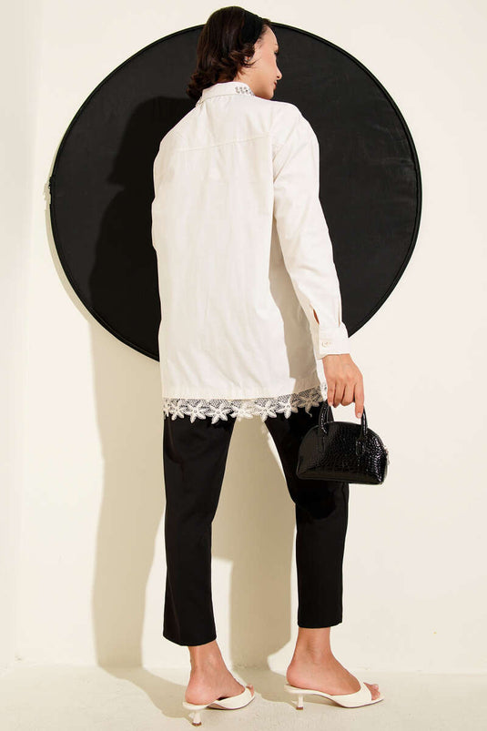 Cream Lace Shirt with Stoned Collar