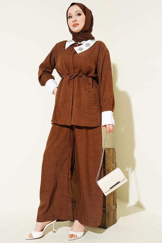 Two-Piece Set with Stone-Embellished Collar and Hidden Buttons, Brown