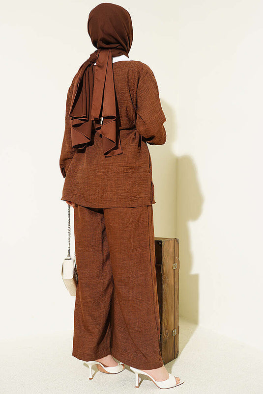 Two-Piece Set with Stone-Embellished Collar and Hidden Buttons, Brown