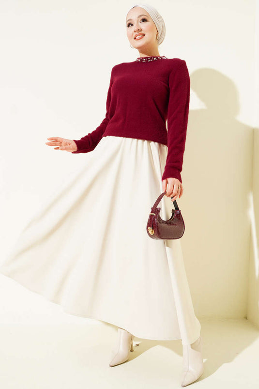 Burgundy Embellished Collar Sweater