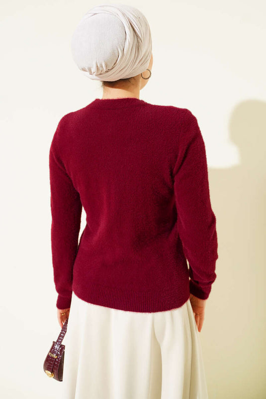 Burgundy Embellished Collar Sweater