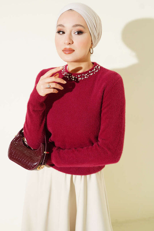 Burgundy Sweater with Stone Embellished Collar and Beard