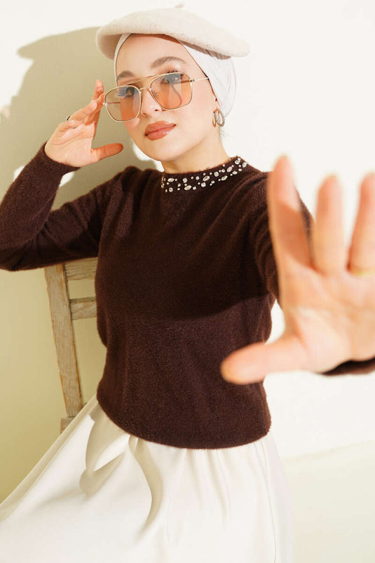 Embellished Collar Brown Sweater