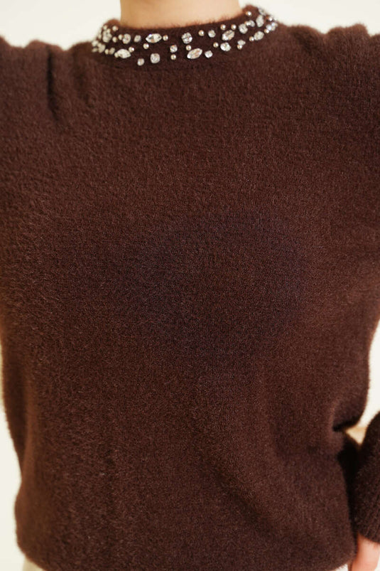 Embellished Collar Brown Sweater