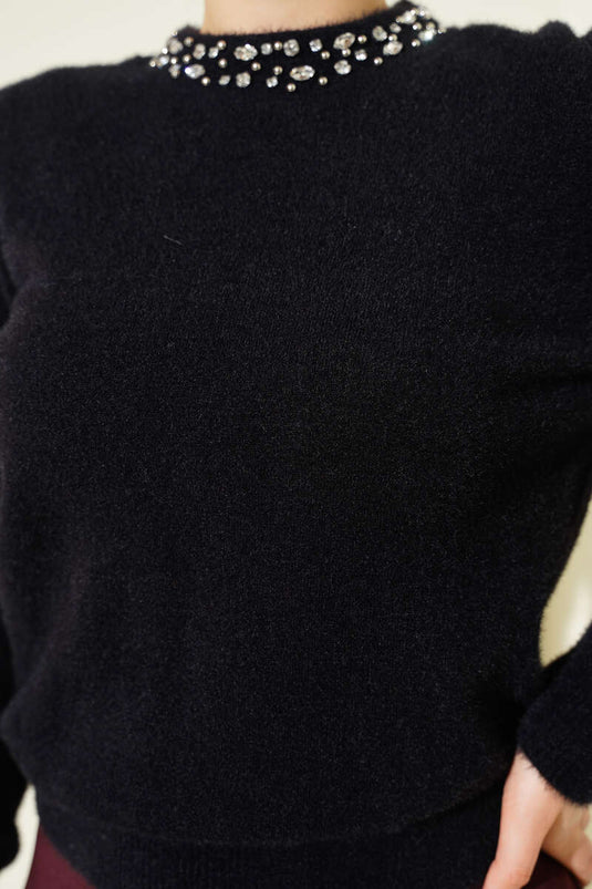 Black Sweater With Stone Embellished Collar And Beard