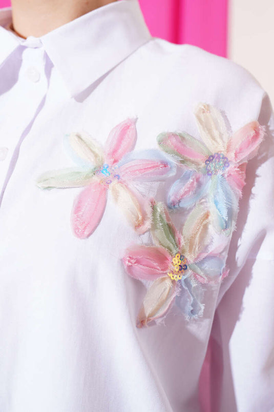 Tulle Collar Floral Shirt Pink