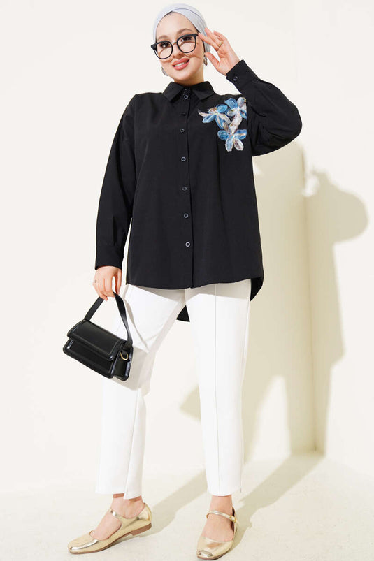 Blouse met Tulekraag en Bloemen Zwart