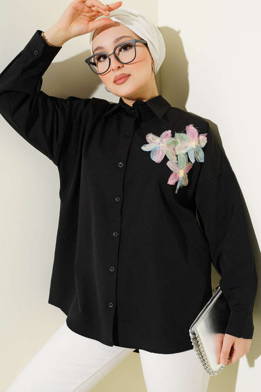 Shirt with Tulle Floral Collar Black Powder