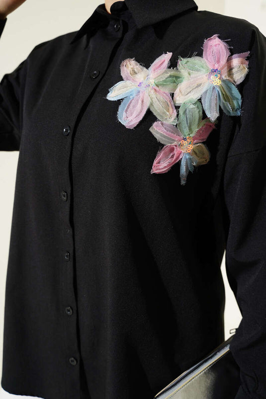 Shirt with Tulle Floral Collar Black Powder