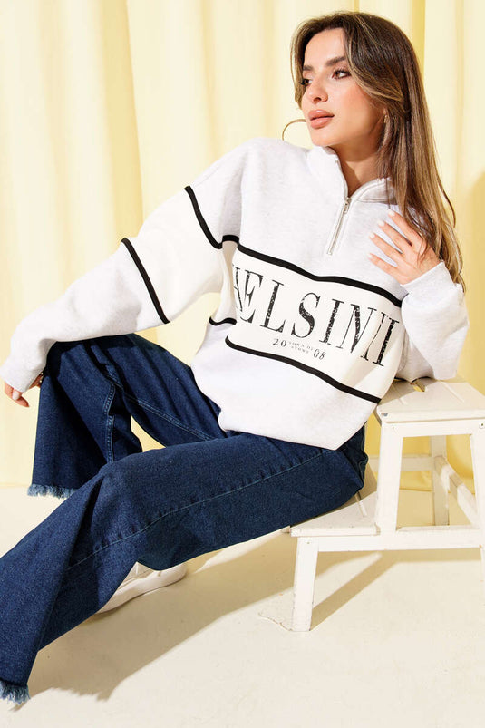 سويت شيرت مطبوع من الصوف الناعم بياقة نصف سحاب، رمادي فاتح