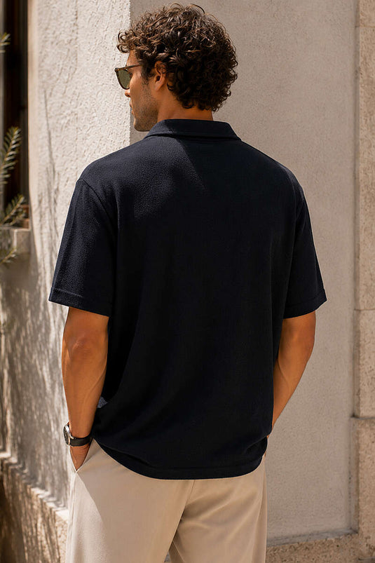 Yakası Yarım Fermuarlı Erkek T-shirt Siyah