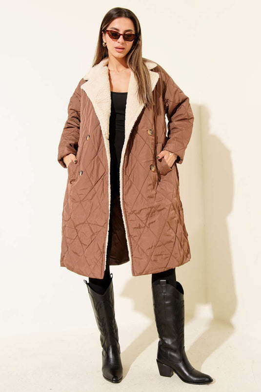Wool-Trimmed Belted Coat, Brown