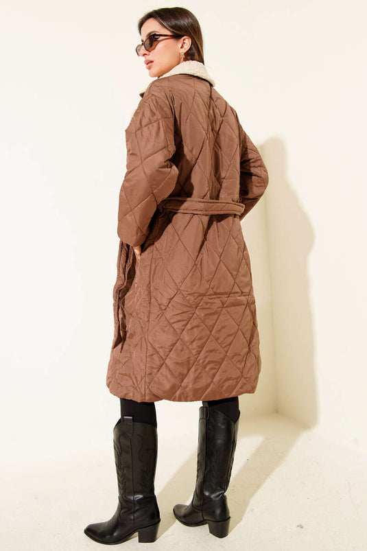 Wool-Trimmed Belted Coat, Brown