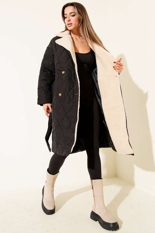 Yakası Yünlü Kuşaklı Mont Siyah