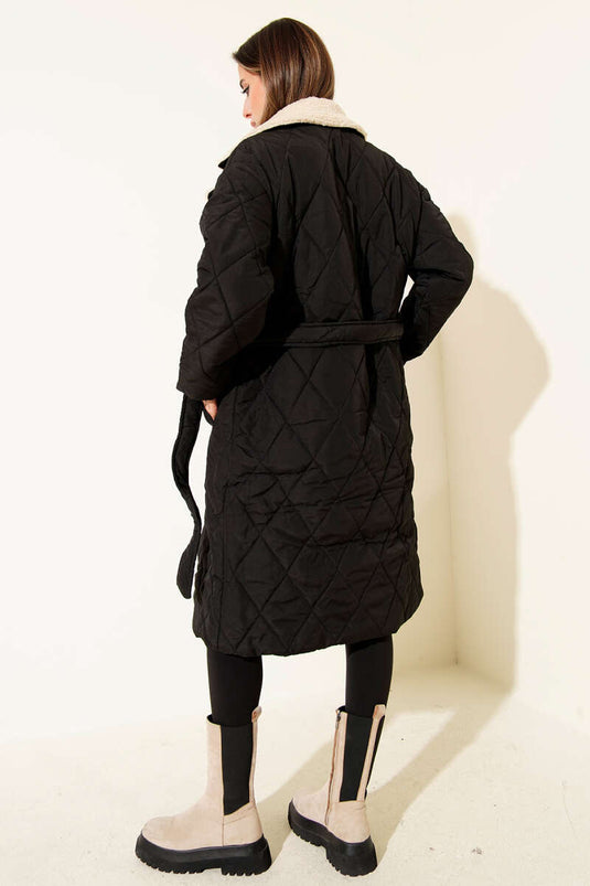 Yakası Yünlü Kuşaklı Mont Siyah