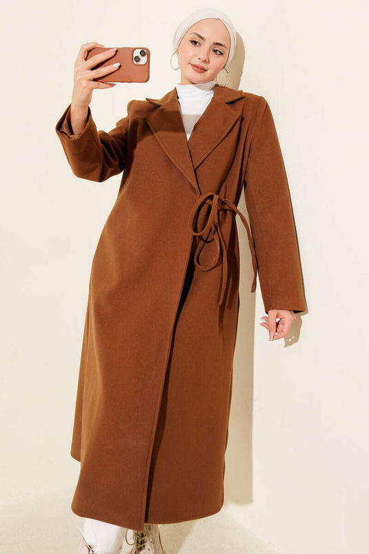 Side Laced Cashmere Coat Tan