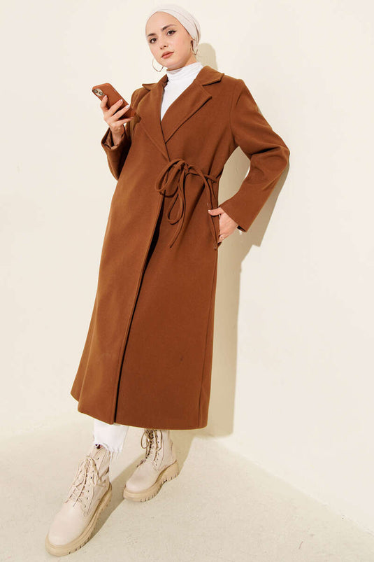 Side Laced Cashmere Coat Tan