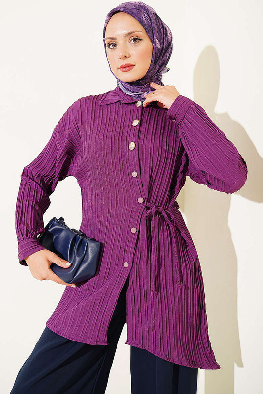 Camicia A Righe Viola Con Dettaglio Con Nodo