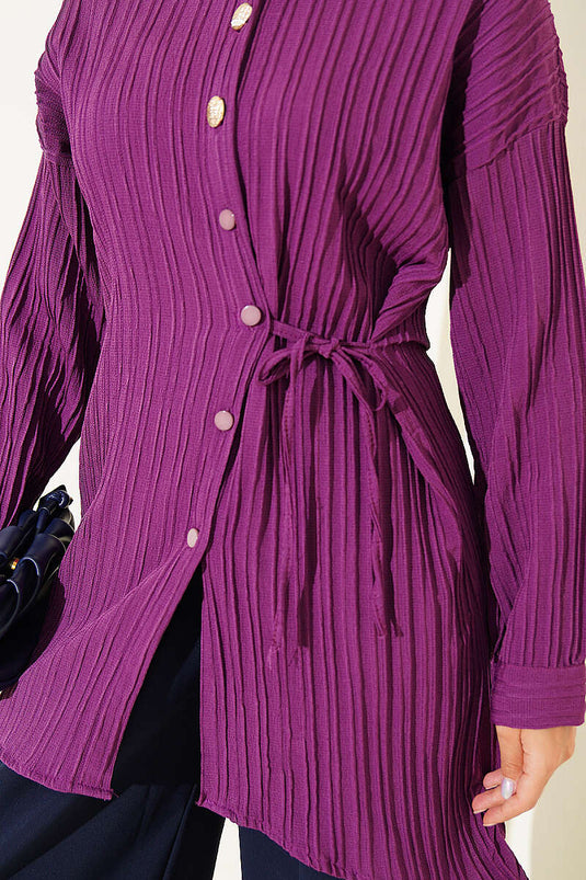 Camicia A Righe Viola Con Dettaglio Con Nodo