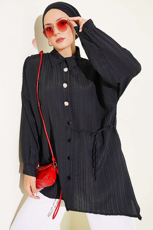 Chemise À Rayures Verticales Noire À Nœud