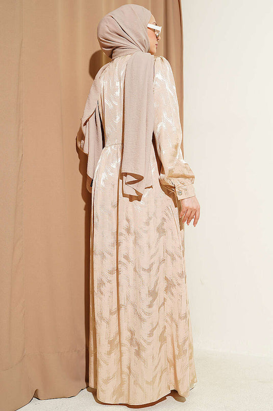 Yan Bağlamalı Düğmeli Jakar Elbise Bej