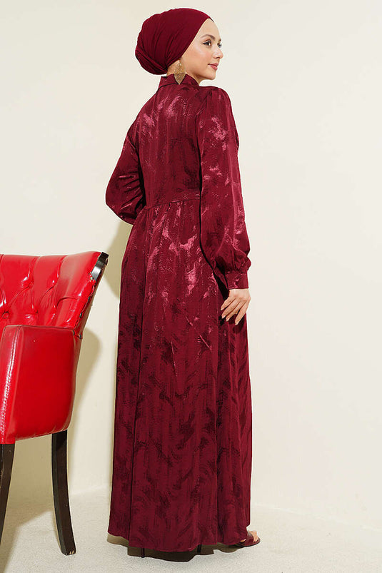 Robe jacquard bordeaux à boutons et nouée sur le côté