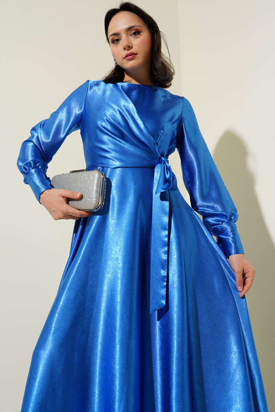 Side Tie Jacquard Dress in Saxe