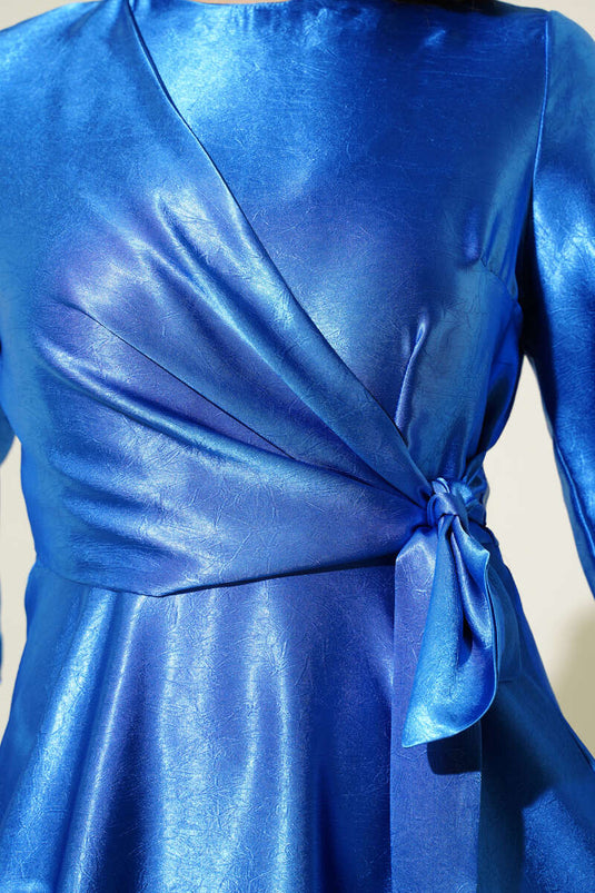 فستان جاكار برباط جانبي باللون الساكسوني