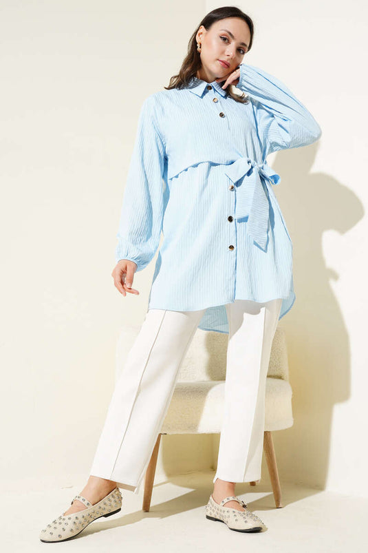 Yan Bağlamalı Kabartma Çizgili Gömlek Mavi