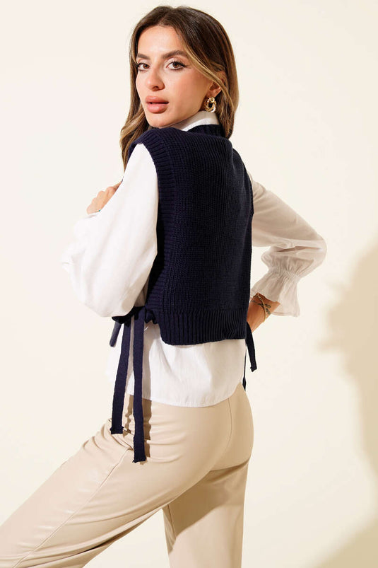 كنزة صوفية محبوكة منقوشة برباط جانبي، لون أزرق داكن