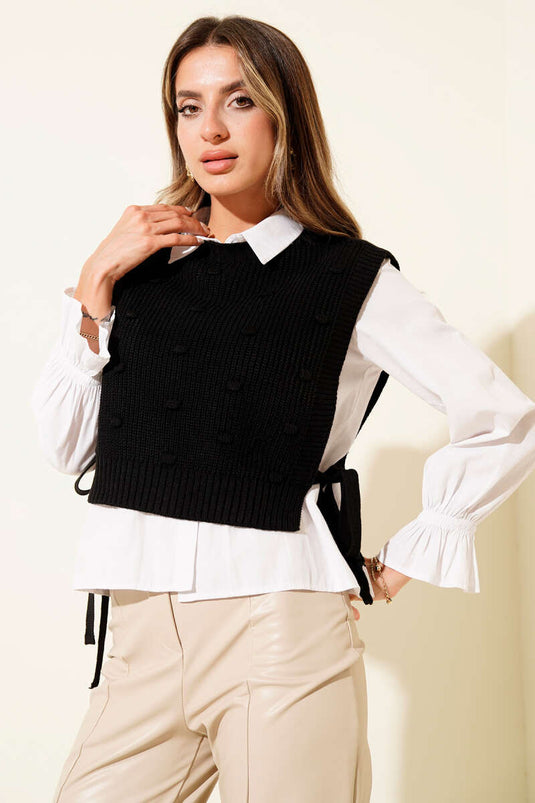 Side-Tie Embossed Knit Sweater, Black