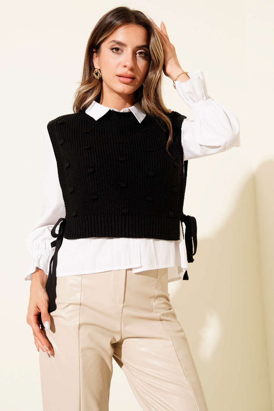 Side-Tie Embossed Knit Sweater, Black