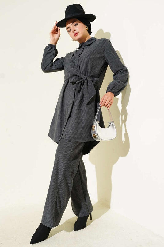 Zweiteiliges Cord-Set mit seitlichen Bindebändern, Rauchgrau