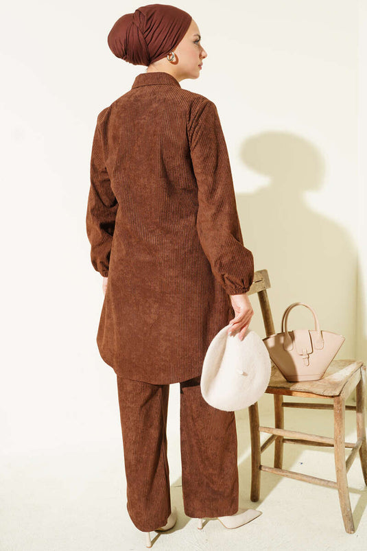 Zweiteiliges Cord-Set mit seitlichen Bindebändern in Kaffeebraun